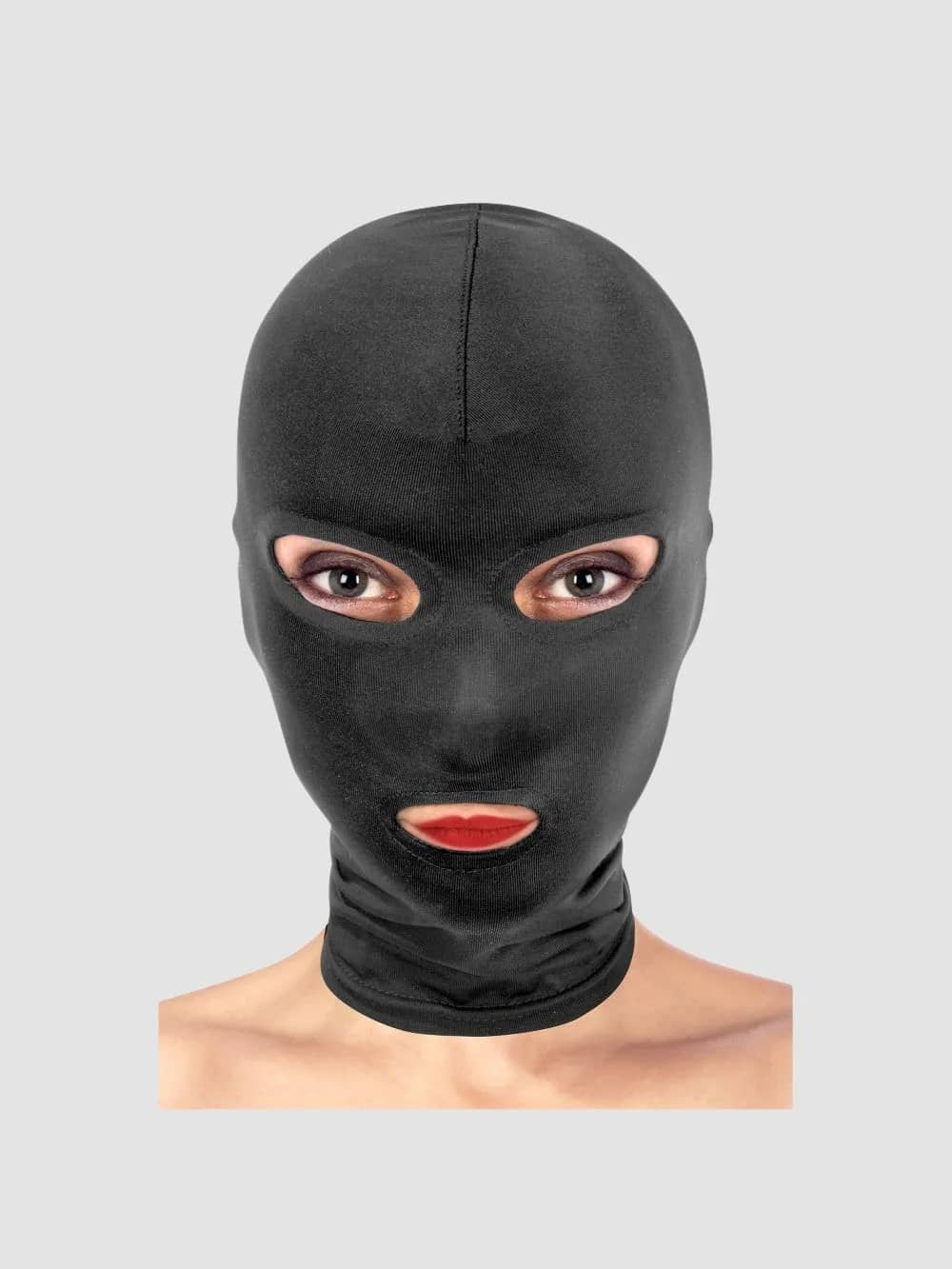 Cagoule bdsm yeux et bouche ouvert spandex noir — Fetish Tentation