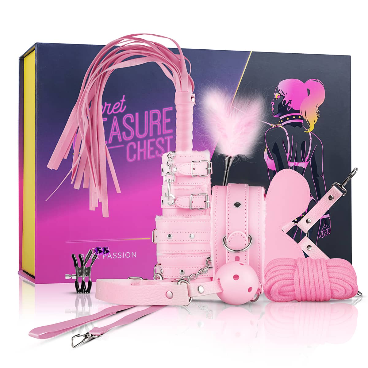 Secret Pleasure Chest X Bedroom Fantasies - BDSM débutant·es 10 accessoires - Rose